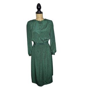 Vintage Green Spotted Belted Long Sleeve Midi Dress